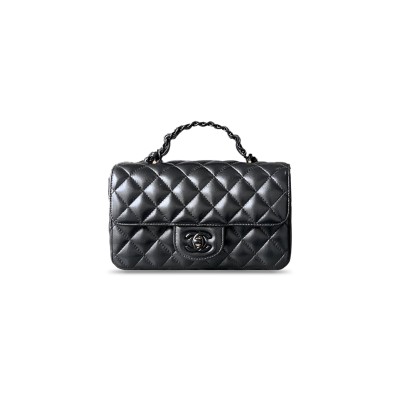 CHANEL MINI LAMBSKIN QUILTED COCO POP TOP HANDLE FLAP BLACK 3695246 (20*12.5*6cm)